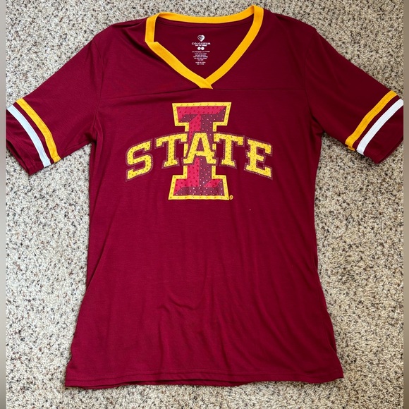 Colloseum Tops - Iowa State Women’s V-Neck Tee - Garnet with Gold Trim